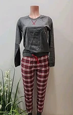 Mnemo 100% Cotton Long Sleeve Pajama Set Size S Red Grey Flannel