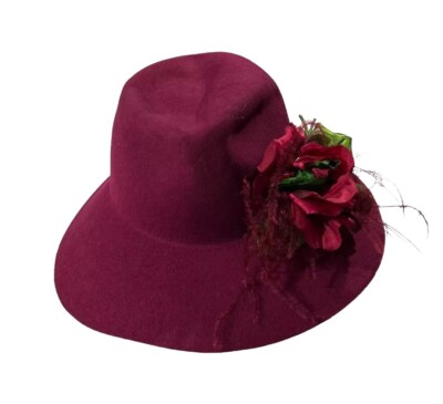 Vintage Burgundy Felted Wide Brim Hat with Removable Floral Brooch Sunday Best Burgundy Wool Felt Hat: Vintage Black Velvet Flowers, Wide  main image 3