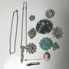 Vintage Costume Jewelry Lot Rhinestone Necklaces Cameo Brooches Pins 13pc Set