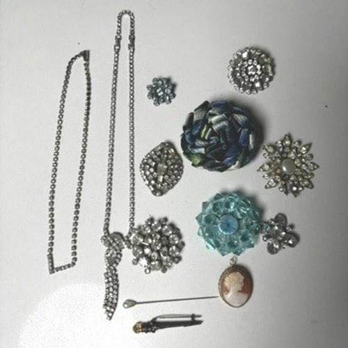 Vintage Costume Jewelry Lot Rhinestone Necklaces Cameo Brooches Pins 13pc Set