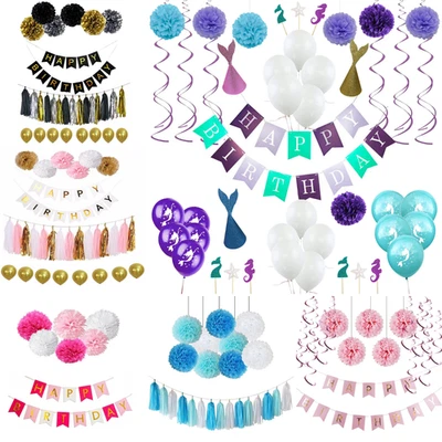 Anniversaire Fête Décor Set Bannière Pompons Glands Ballons Rose or Bleu Violet - Photo 1/4