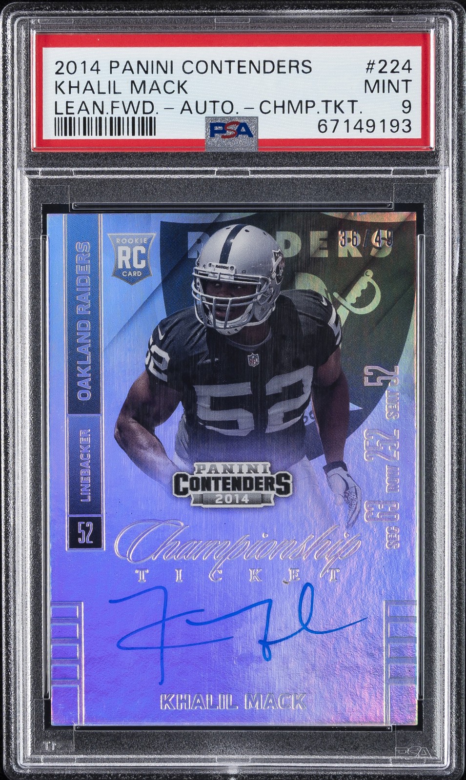 2014 CONTENDERS AUTO-CHAMP TKT #224 KHALIL MACK ROOKIE RC 36/49 PSA 9