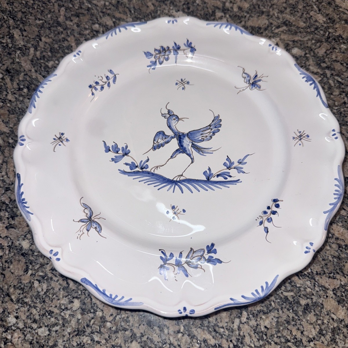 Vintage Moustiers Faience Main Hand Painted Plate France Blue Bird