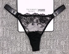Victoria's Secret Very Sexy NWT Small Black Lace Scatter Shine Strap Thong Panty