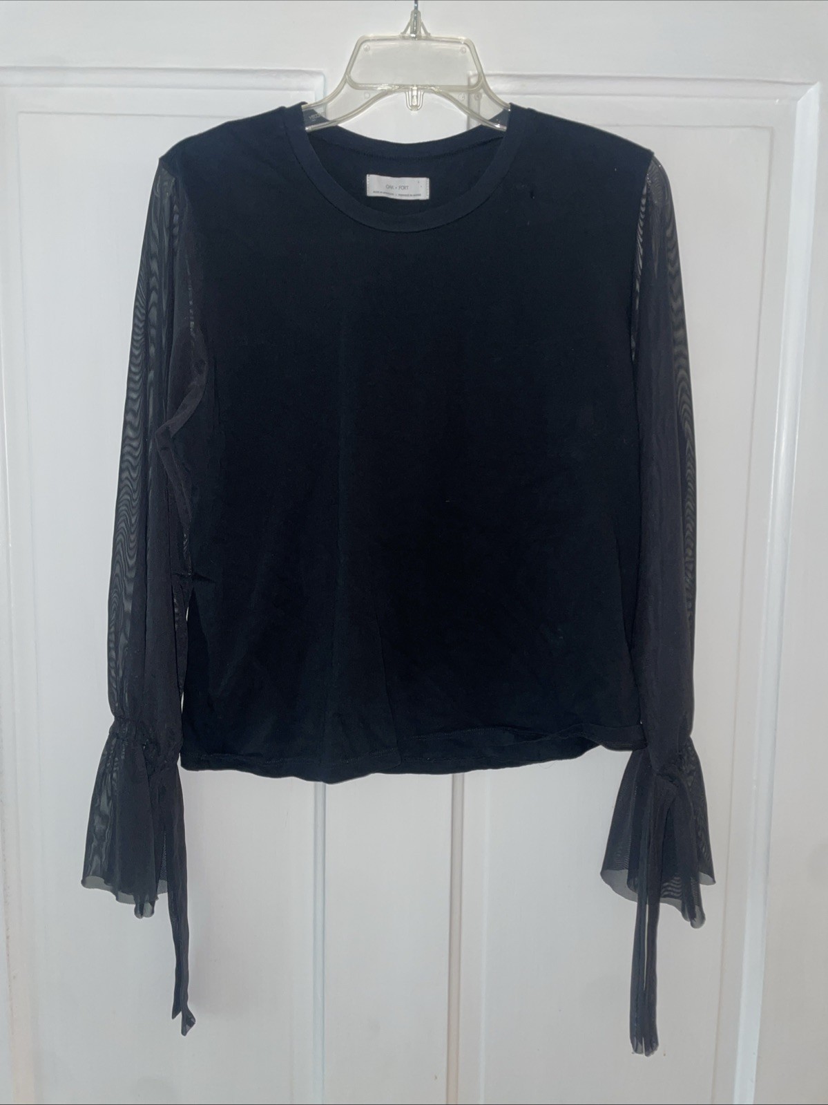 OAK + FORT Black Mesh Sleeve Tie Cuff Long Sleeve Top Women’s L Minimalist Sheer