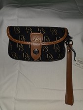 Dooney Bourke Signature Wristlet: Black With Brown Leather Trim, Flap Closure