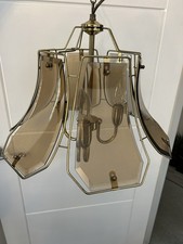 Vintage Smoked Glass Brass 3 Prong Celing Light Chandelier