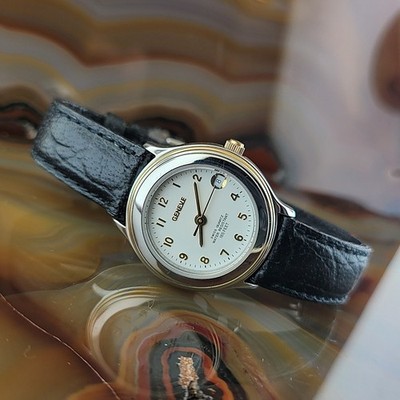 GENEVE Swiss 18K Gold Plated Stainless Steel Watch Leather Band Date