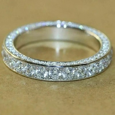 Real Moissanite 3Ct Round Cut Full Eternity Wedding Band 14k White Gold Plated