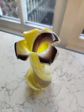 Vintage Art Glass Vase Yellow Brown White Hand Blown Murano Style Retro
