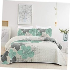 3 Pieces Quilt Set King Green Floral Pattern King 104"x 90" Green Flower