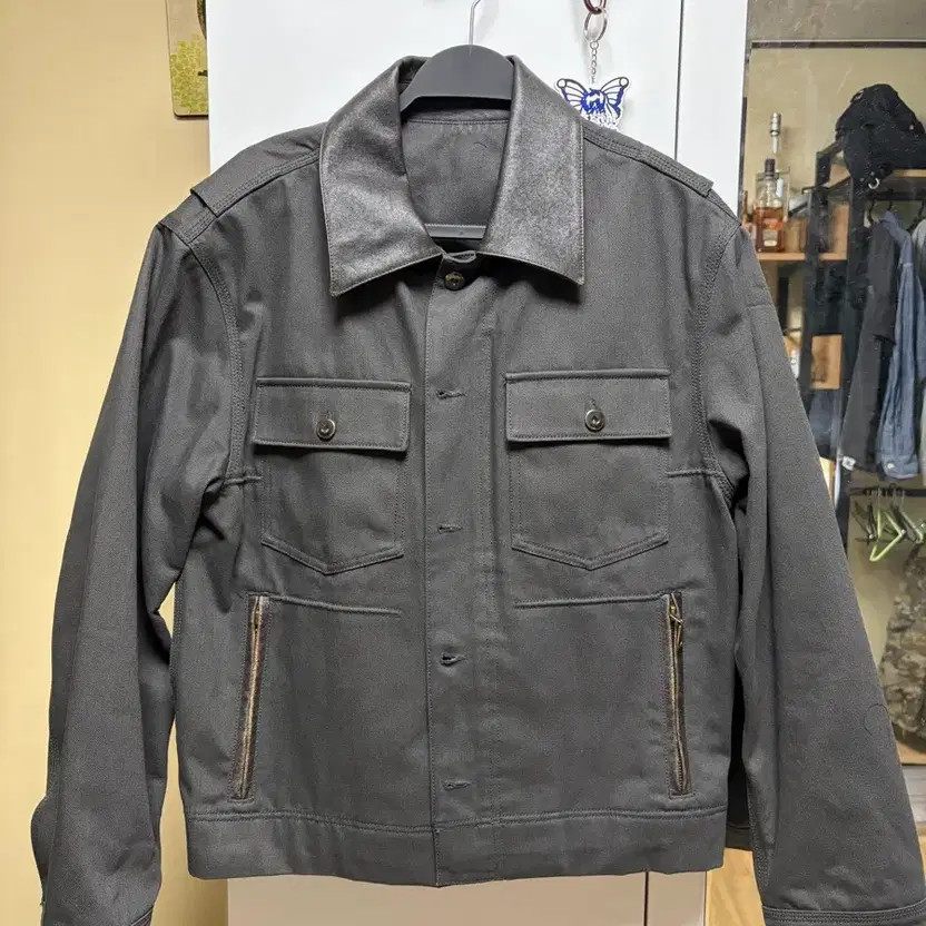 Leather Patchwork Work Jacket for Men, Size M - image 1