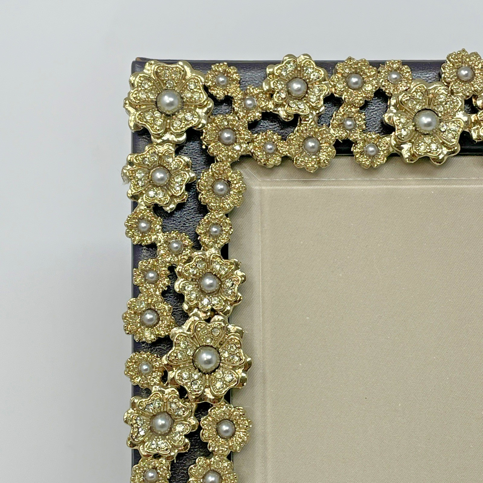 L'OBJET Gold Tone Floral Motif Frame with Faux Pearls and Beveled Glass Rare