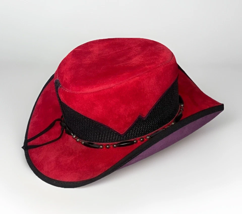 Sombrero de Vaquero Gambler Occidental Gamuza Rojo M EE. UU. Hecho a Mano Banda con Cuentas Ala Púrpura Foto 2 de 4