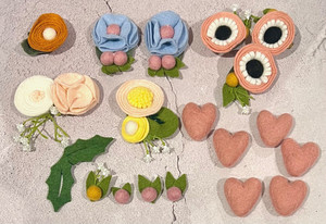 Lot of 19 Felt Flowers, Pink Hearts, Berries w/Leaves, & Leave Set