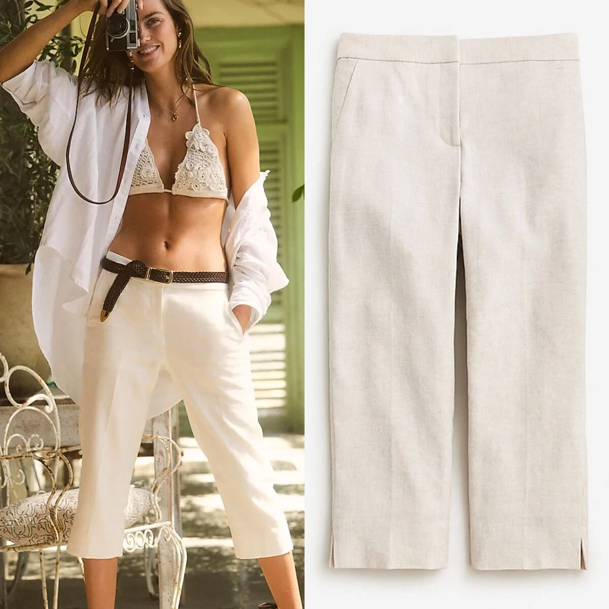 J Crew NWT $118 Kate Ivory Flax Capri Pant in Stretch Linen Blend | Sz 2