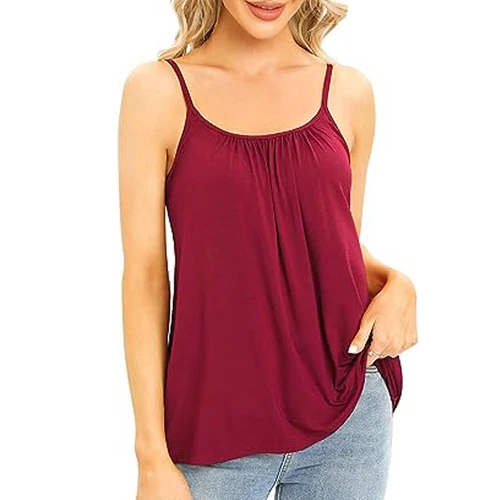 Women Flowy Pleated Camisole with Built-in Bra Loose Casual Sleeveless Tank Tops - Picture 14 of 48