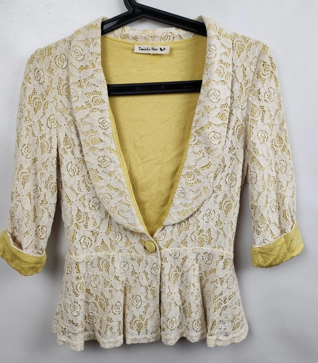 Double Zero Womens Peplum Jacket Size XS Yellow Beige Lace Single