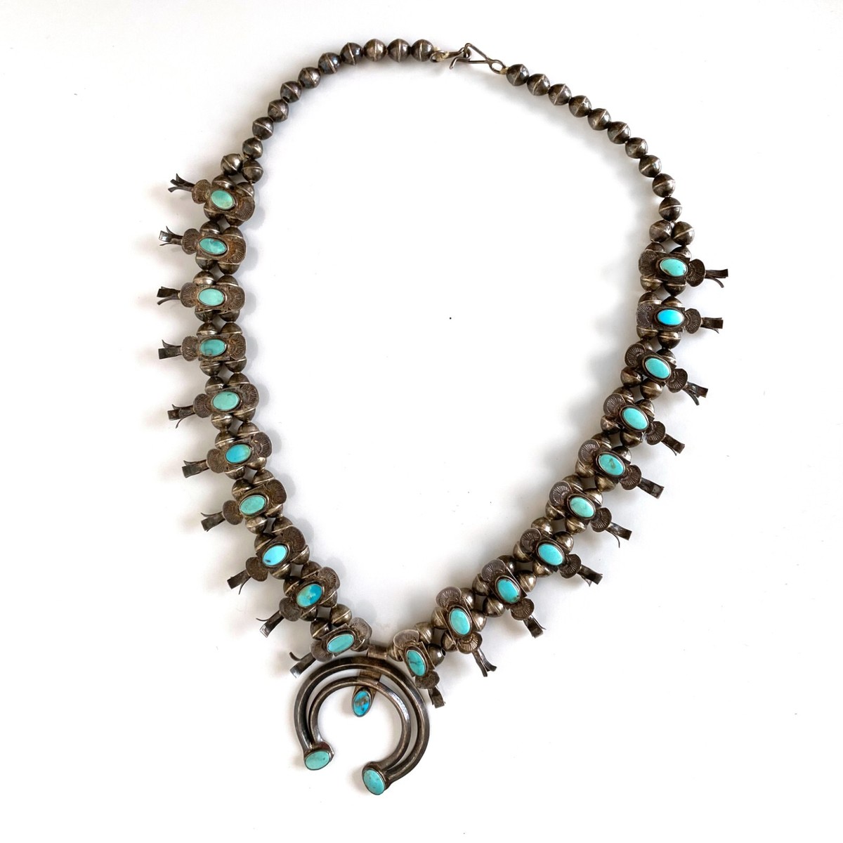 Vintage 1930s-40s Navajo Box Bow Squash Blossom Necklace Kingman