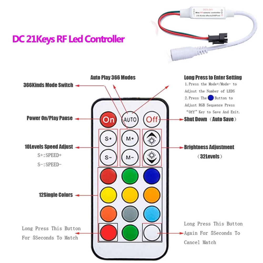 WS2811 WS2812B LED Pixels Strip Light Controller USB DC RF Remote Controller - Picture 12 of 38