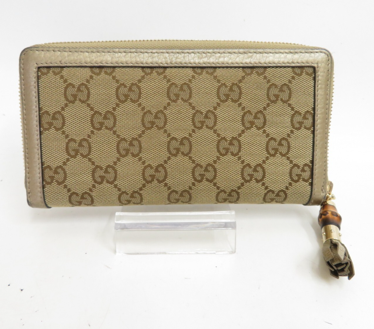 Authentic GUCCI GG Canvas Leather Bamboo Zip Around Zippy Wallet 