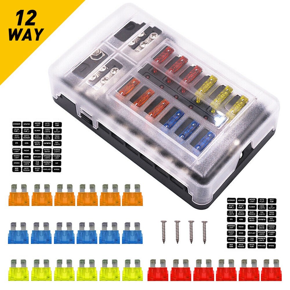 12 Way Blade Box Fuse Block Holder LED Indicator 12V Auto Marine Boat Waterproof