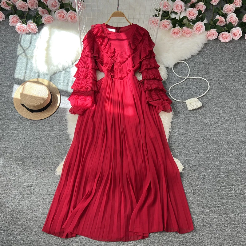 Ladies Chiffon Pleated Dress Ruffle Layered Sleeve Swing Dancewear Elegant  Dress