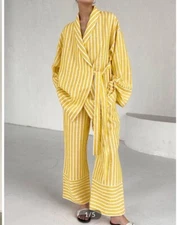 Over Sized Yellow & White Stripe Pantsuit Set Size Xs New W Tag 