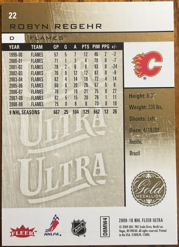 2009-10 Fleer Ultra Gold Medallion Robyn Regehr #22 Calgary Flames - Image 2 of 2