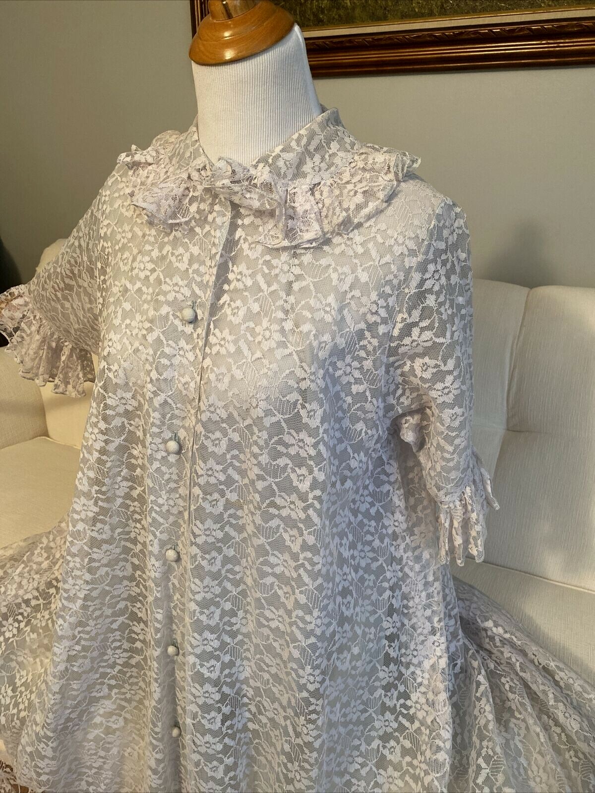 Vintage Blue Chantilly lace Nylon Duster Woman Ho… - image 10