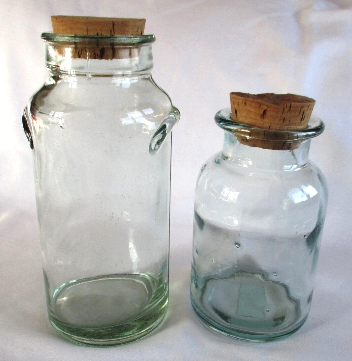 2 Vintage Keller Charles Glass Blown Aqua Green Jars Cork Lid Stopper Holland