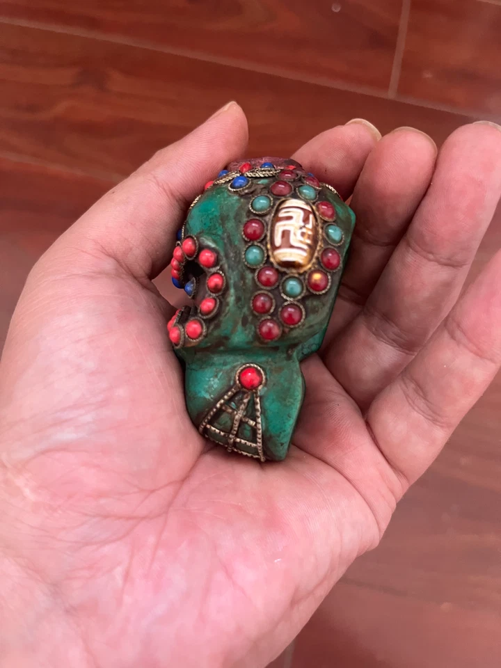China Tíbet Nepal Turquesa Incrustación Piedras Preciosas Budismo Calavera Skeliton Dakani Estatua Foto 3 de 4