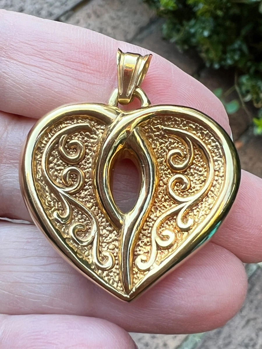 14K YELLOW GOLD LARGE HEART PENDANT CHARM NECKLACE ORNATE DESIGN