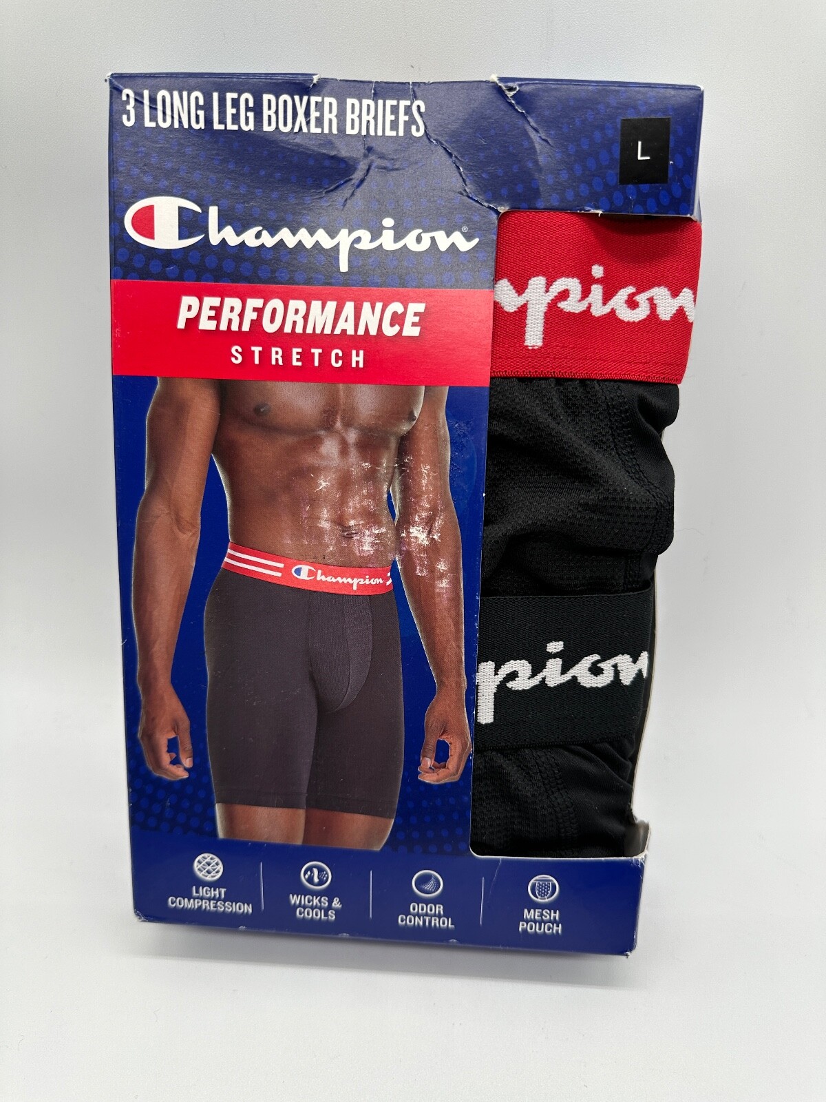 3 PACK MENS CHAMPION LONG LEG BOXER BRIEFS PERFORMANCE STRETCH BLACK L