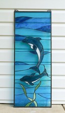 14"W x 36"H Hanging Tiffany Style stained glass window panel Dolphin Fish HF34