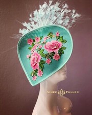 Kentucky Derby Fascinator Hot Pink Hat Royal Ascot Rose Applique Aqua Mint Green