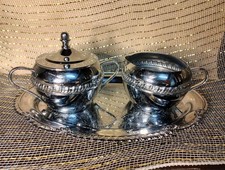 Irvinware Metal Sugar Bowl With Lid And Creamer Set With Tray Made In The USA