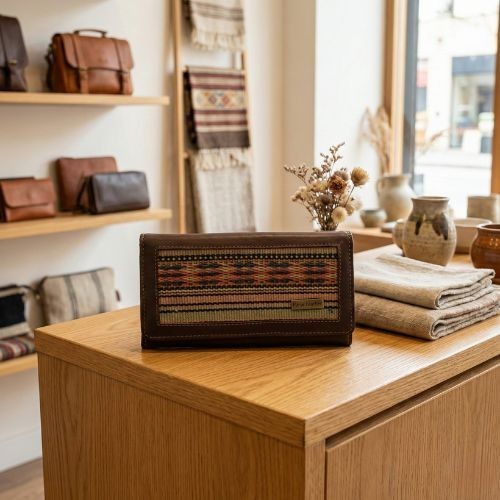 Genuine leather purse with Handwoven Jajim, wallet bag, gift 35-801-9 BR - Afbeelding 1 van 10