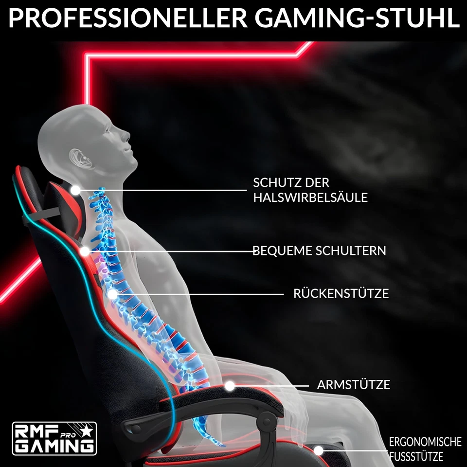 Ergonomischer Gaming Stuhl Rot Schwarz Racing Design mit Armlehnen & Komfort - Bild 4 von 4