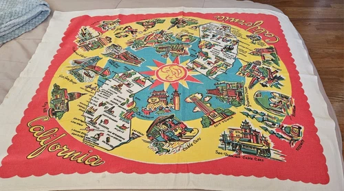Vintage  California State Map  Places Of Interest Travel Souvenir  Tablecloth 