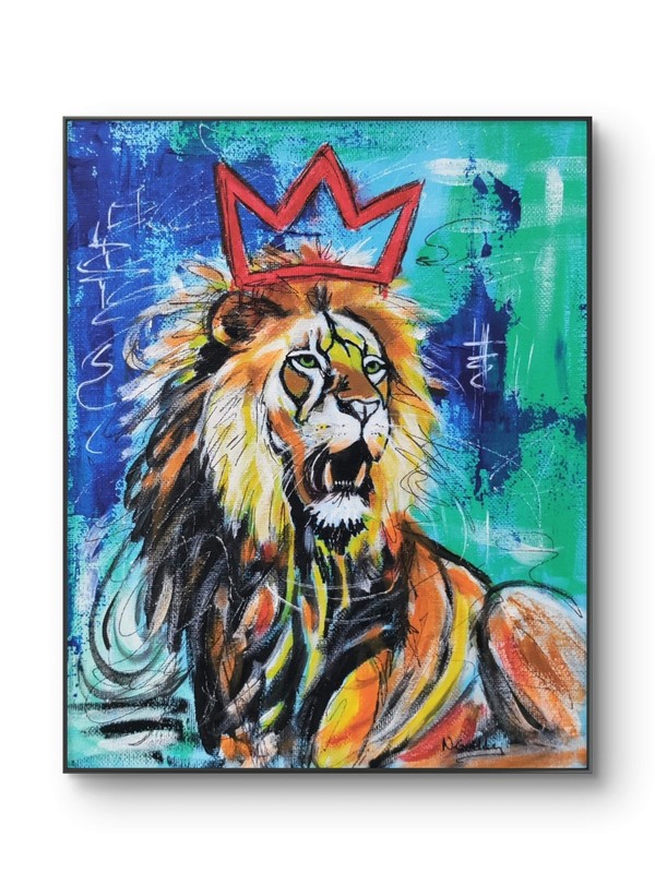 Original Neo Expressionist 8 x 10 King of Lions Acrylic Canvas Wall Painting