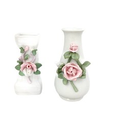Pair of Small White Ceramic Bud Vases with matching raised 3D floral designs 