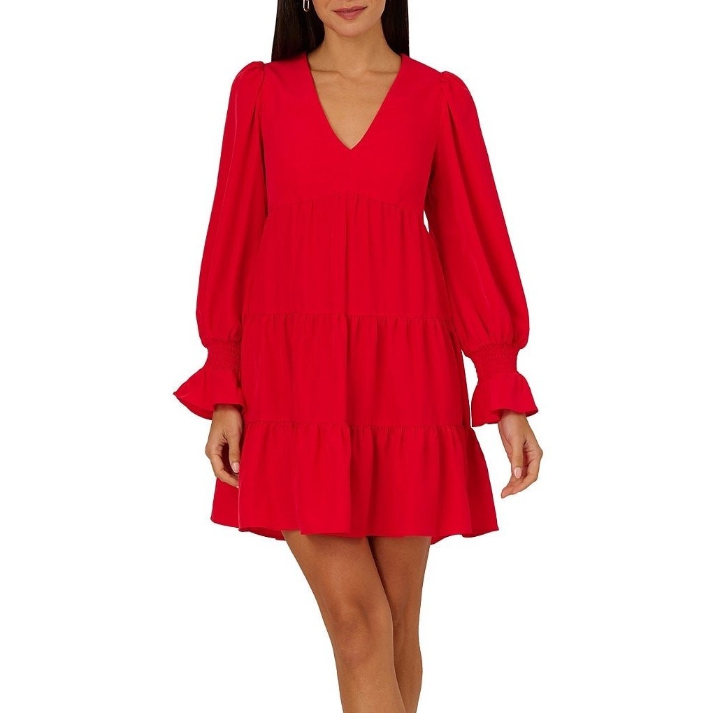 Adrianna Papell V Neck Long Sleeve Tiered A-Line Mini Red Dress Size 4