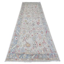 3'10"x12'3" White Angora Oushak Leaf Design Hand Knotted Wool Runner Rug R20074