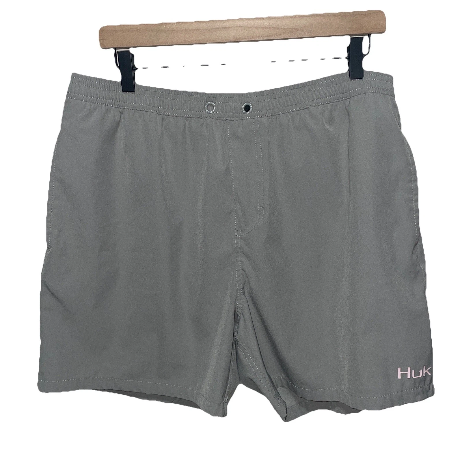 Huk Men's XL 38 Hybrid Mesh Lined Swim Board Shorts Gray Pockets Fishing Trunks