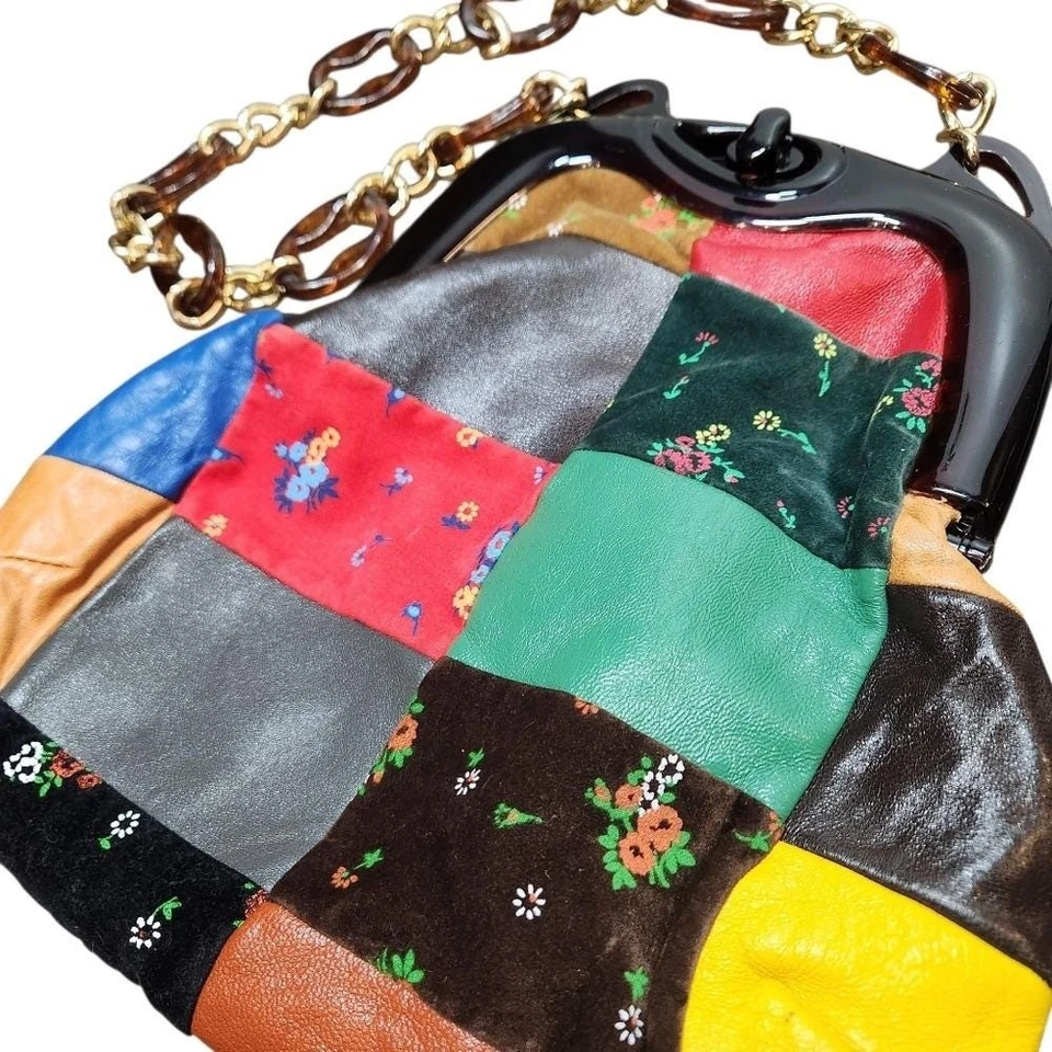 Bolso de Colección Años 60 Italiano Cuero Patchwork Lucite Marco Cadena Tortuga Correa BOHO Foto 2 de 4