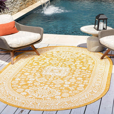 Unique Loom Outdoor Aztec Collection Area Rug - Chalca 5 3 X 8 Oval Yellow/