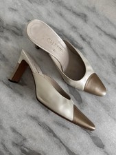 CHANEL Mules Size 37.5 US 7 Vintage Two Tone Pearly White  Beige Heels Vintage