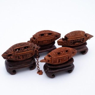 Chinese Antique Openwork Hediao Nut Boats Beads on Stands 19th 20th Century