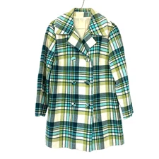 Vintage Plaid Colorful Mod Retro Peacoat Mrs Maisel Long Coat Chest 41"